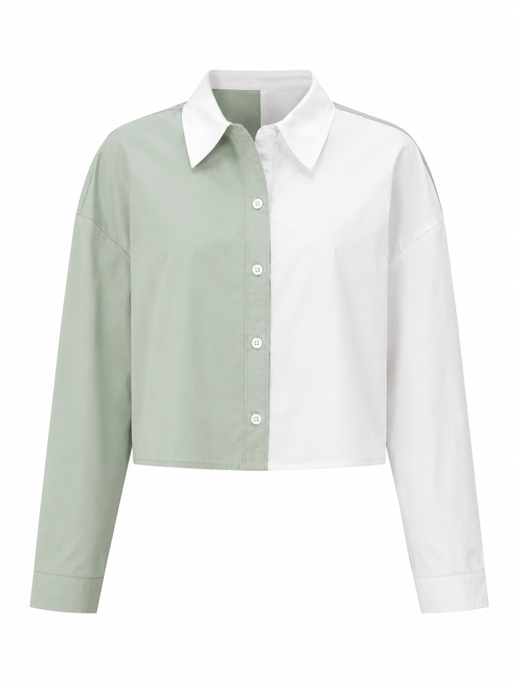 Crescent Vega Two-Tone Cropped Button Shirt in Sage and White